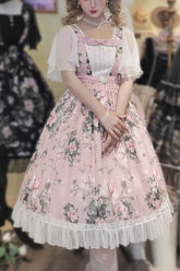 Pink Elegant Vintage French Rose Print Square Collar Ruffled Classic Lolita OP Dress